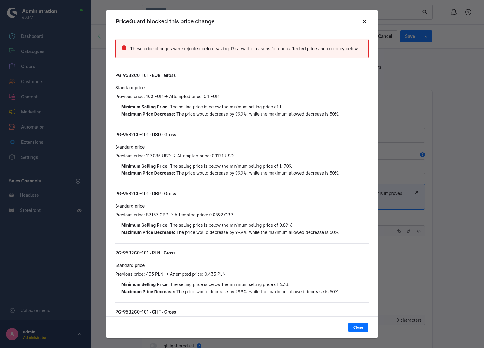 Shopware-Produktbearbeitung mit einer PriceGuard-Erklärung zur blockierten Preisänderung